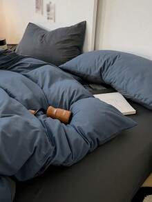 Blue And White Colorblock Washed Cotton Skin-Friendly 3 Pieces Duvet Cover Set, Suitable For Bedroom - Navy Blue - View 4