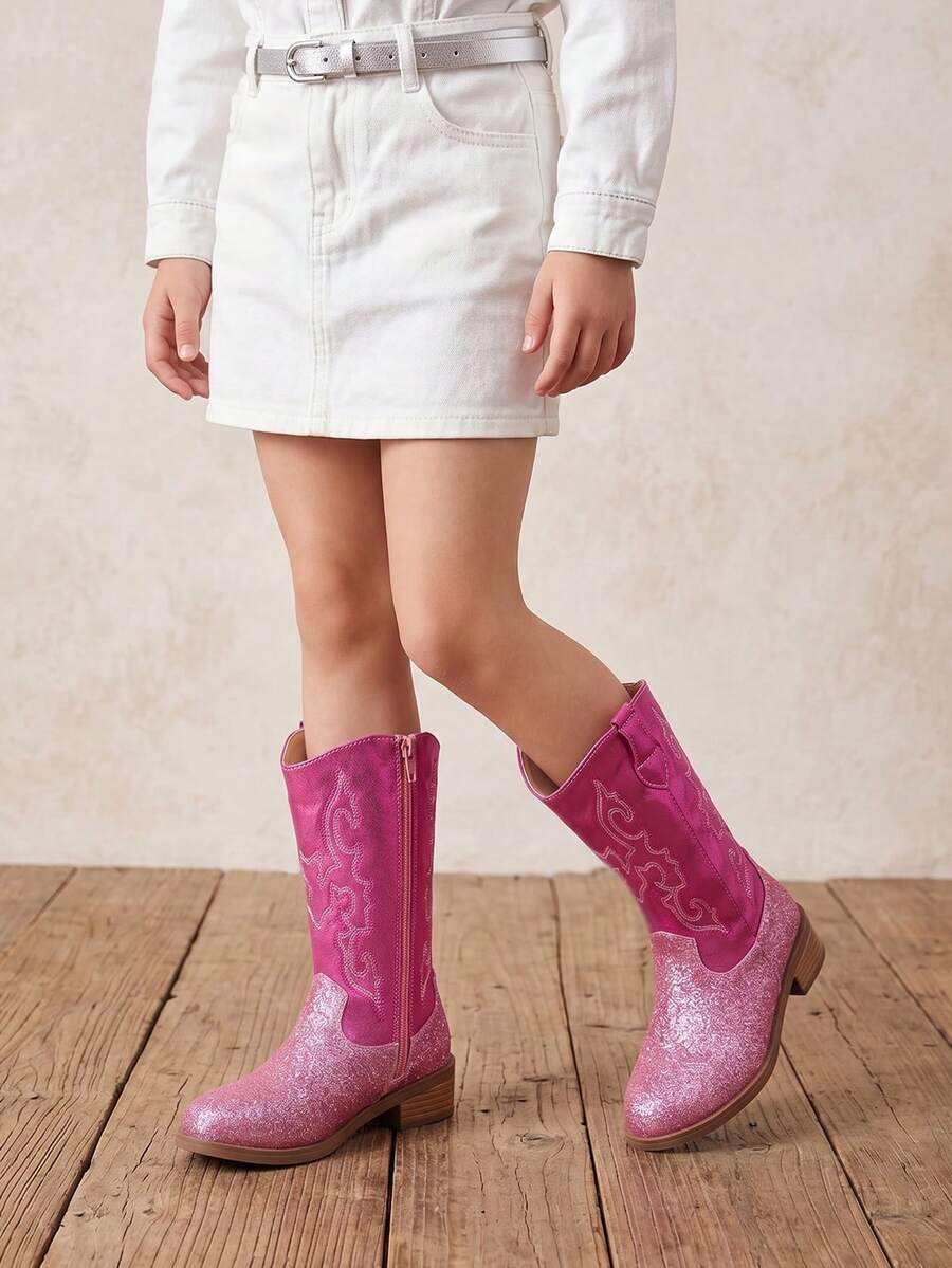 Girls' Dreamy Rose Red Glitter Embroidery Princess Style Side Zipper Western Boots, Suitable For Shopping, Photos, Birthday - Hot Pink - View 1