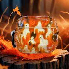 Warm Orange Flame Ghost Pumpkin Theme Earphone Protective Case, Paired With Black Round Ring Buckle, Transparent Warm Orange Gradient Shell Body, Floating Multiple White Little Ghosts, Background With Flame-Like Orange Texture, Full Of Halloween Atmosphere. Wavy Soft Shell Contour, Shell Fits Earphone Body Perfectly, Precise Charging Port Opening, Unobstructed Earphone Opening And Closing, Easy And Smooth Installation And Removal. - Orange - View 5
