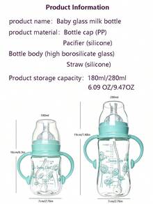 1pc/2pcs Glass Baby Milk Bottle 180ml/280ml 5cm Mouth Diameter High Temperature Sterilizable With Handle And Straw Suitable For Multiple Stages Of Baby Daily Use - Multi-color (Glass Milk Bottle) - View 12