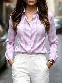 Women's Purple Plaid Long Sleeve Button-Up Shirt Collar Top, Versatile Polyester Regular Fit, Suitable For Autumn Wear - Mauve Purple - View 6