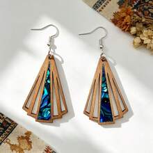 3 Pairs Creative Vintage Fashion Wooden Geometric Hollow Coffee Color Inlaid Acrylic Colorful Asymmetrical Pattern Pendant Earrings - Earrings - View 4