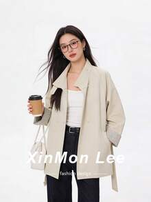 Korean Style Stand Collar Minimalist Elegant Trench Coat Jacket Button-Up Overcoat For College Office Daily Wear Spring Autumn - Apricot - View 1