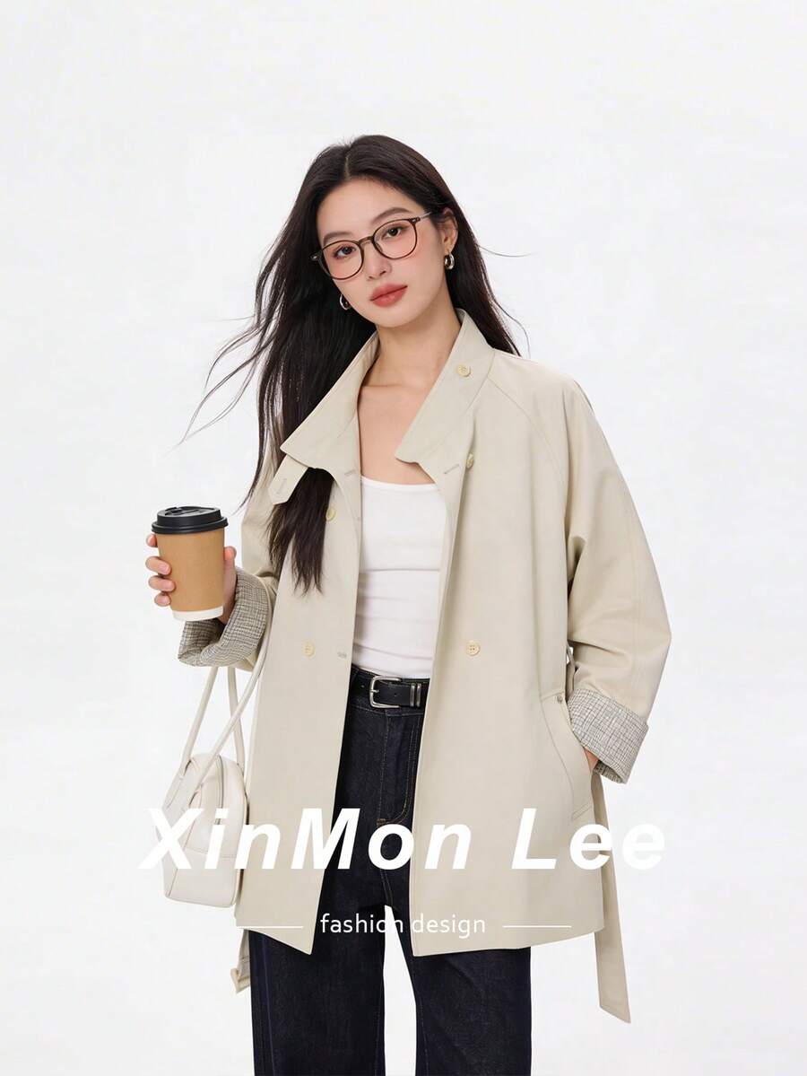 Korean Style Stand Collar Minimalist Elegant Trench Coat Jacket Button-Up Overcoat For College Office Daily Wear Spring Autumn - Apricot - View 1