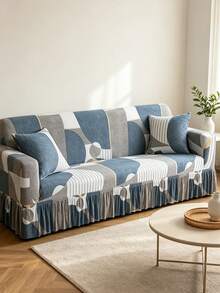 1pc Printed Ruffled Edge Full Stretch Sofa Cover, Elastic One-Piece Full Coverage Sofa Protector, Living Room Home Decor, Machine Washable - Grey - View 2