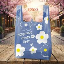 5/50/100件耐用塑料手提袋，印有「Happiness First」花卉圖案，加厚堅固，適合購物、禮品、收納，適用於小企業、雜貨店、烘焙店，適合母親節、婚禮季、開學季 - 藍色款 - 查看 17