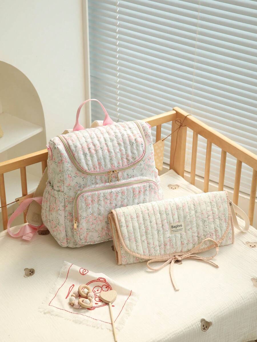Tas Popok Motif Bunga, Tas Ransel Popok dengan Alas Ganti Popok & Tas Penyimpanan Popok untuk Ibu dan Ayah, Tas Ganti Popok Berbahan Quilted, Alas Ganti Popok, Pengatur Popok - MultiWarna - View 1