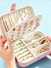 Portable Travel Jewelry Organizer Box, Suitable For Displaying Earrings, Necklaces, Pendants And Rings; Equipped With Double-Layer Ring Storage Area And Zippered Snap-Seal Compartment, Practical Storage Solution - Multicolor - View 17