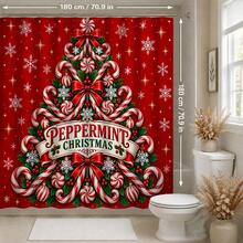 Set Dekorasi Kamar Mandi Natal Motif Pohon Natal Candy Cane Multifungsi 1pc/4pcs, Tirai Kamar Mandi dengan Gratis 12 Pengait, Keset Lantai U-Shaped dan Penutup Dudukan Toilet Bulat, Premium untuk Suasana Meriah, Cocok untuk Semua Dekorasi Ruangan - Pohon Natal Permen Tongkat - View 13
