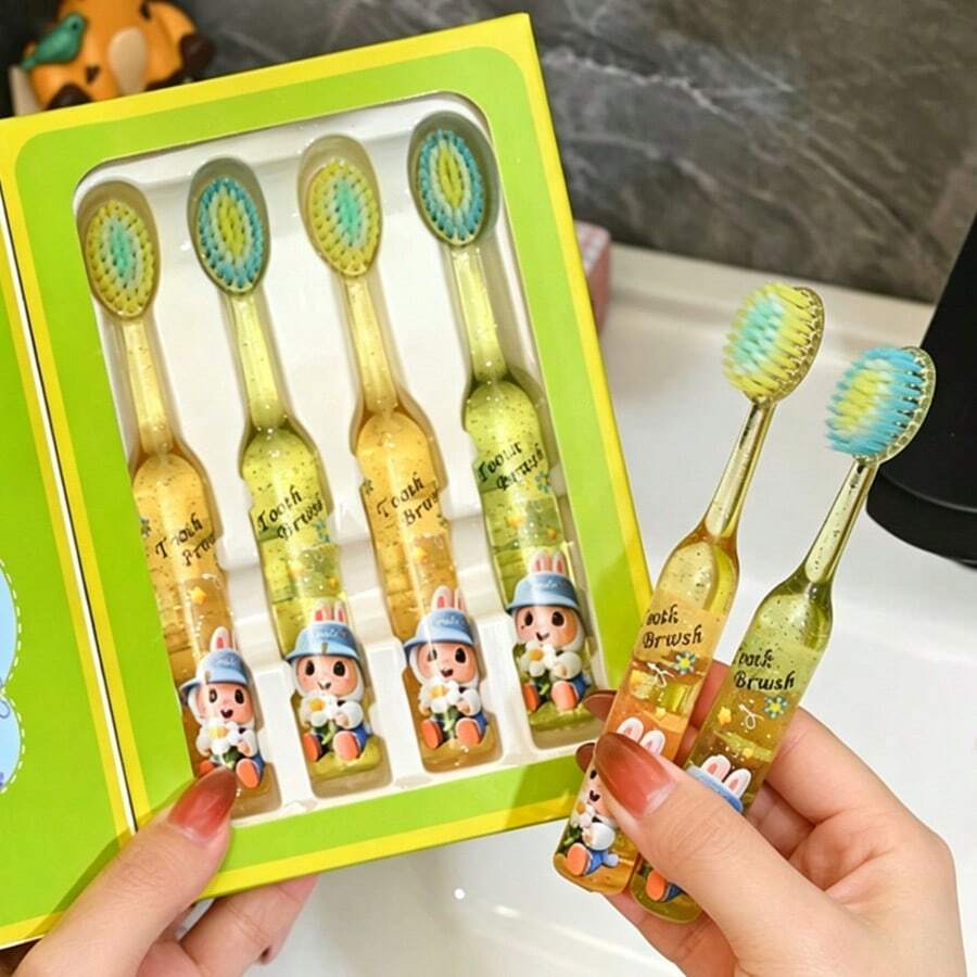 4pcs/Box Cartoon Character Shaped Soft Bristle Children's Toothbrush, Baby Tooth Care, Home Brushing, Highly Attractive Crystal Handle, Baby Gift - Multicolor - View 1