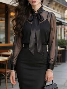 DONICY Set Kamisol Wanita Lengan Panjang Hitam dengan Kerah Ruffle Jala, Atasan Modis dan Elegan - Hitam - View 3
