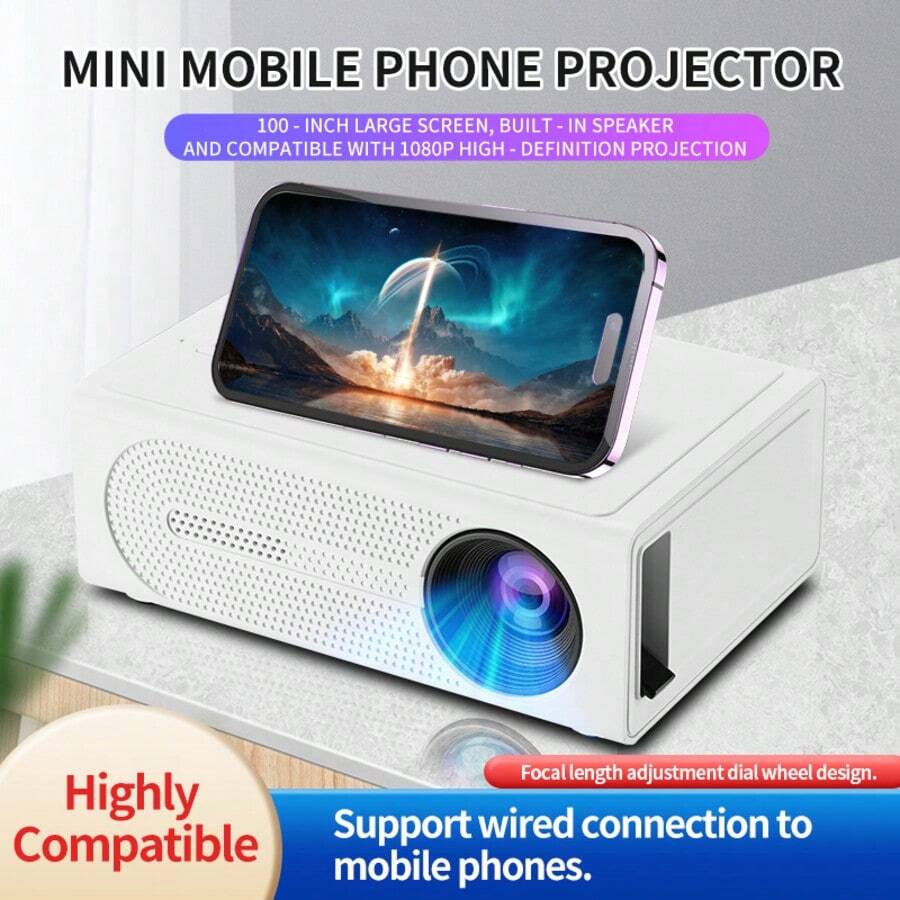 M200 Mini Projector, 50 ANSI Lumens Wired Screen Mirroring Model, Native 240P Supports 1080P Video Playback, Christmas Happy Gift Home Theater, Compatible With HD, USB, AV, Laptop - Porcelain White - 1080P HD Version - View 1