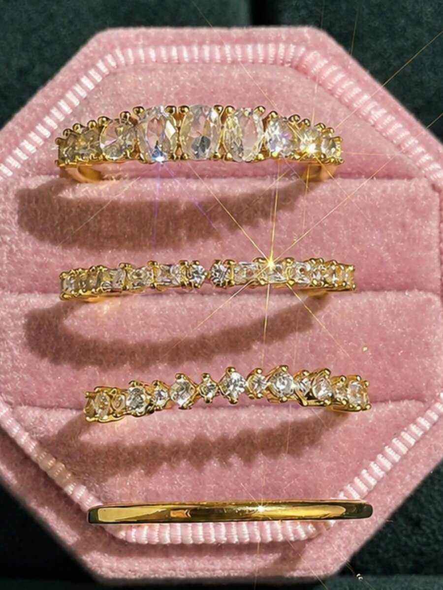 4pcs/Set Fashion Vintage Elegant Exquisite Luxury Rhinestone Gold Rings For Women, Fashion Jewelry For Daily Wear, Holiday, Party, Wedding, Gift - Multicolor - View 1