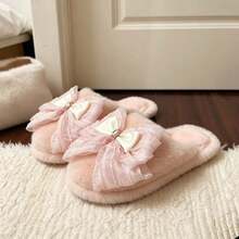 Lace Bow Fuzzy Slippers, Women Open‑Toe Plush House Slippers, Soft Cozy Indoor Flat Slides - Pink - View 6