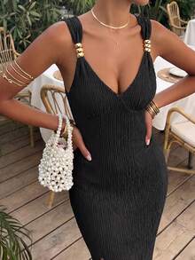 Aflion Women's Sexy Black Ruched Backless Slit Fitted Dress - Metal Ring V-Neck, Fashionable Retro Minimalist Style - Black - View 8