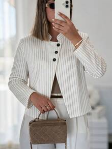 Women's Stand Collar Short Pinstripe Blazer - Casual Office Wear - White - View 8