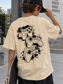 1pc Tween Boy Video Game Graphic Print Short Sleeve T-Shirt, Summer Top For Young Students - Apricot - View 1