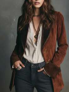 Women's Brown Bohemian Style Suede Mid-Length Jacket, Collar Neckline, Long Sleeves And Button Details, Suitable For Autumn Wear - Brown - View 4