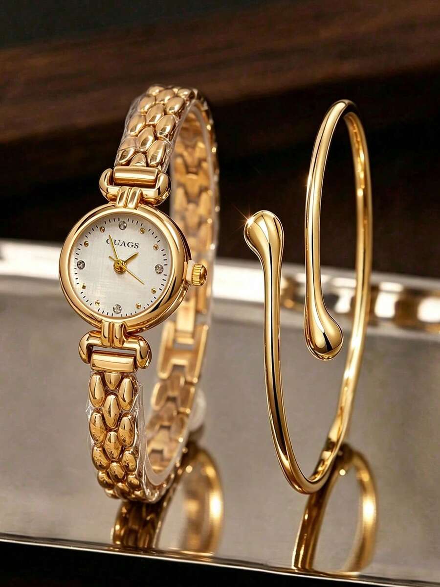 2件組優雅女士金色手錶與手鍊套組,小圓盤水鑽石英手錶搭配開口金色手鍊,精緻配件,麥穗造型金屬錶帶,奢華亮面質感,錶盤鑲嵌閃亮水鑽,適合國慶、派對、婚禮、約會、開學、聖誕節、感恩節、萬聖節、復活節等場合,完美搭配套組,送給女性的最佳禮物,適合日常配戴或節日禮物,展現溫柔優雅氣質 - 金色 - 查看 1