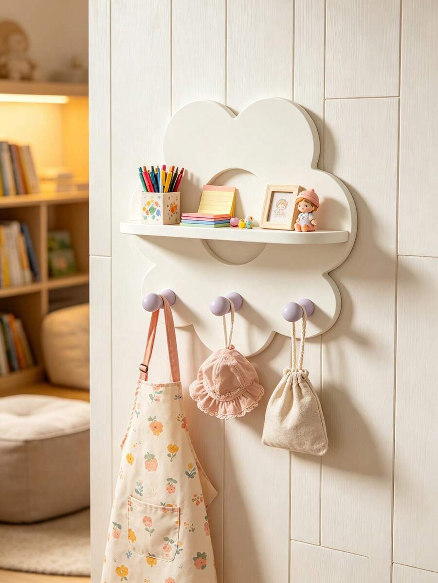 1pc White Wooden Flower Wall Shelf With Hooks, Cute Floating Storage ...