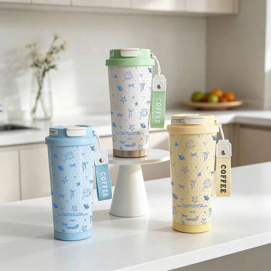 MINISO, Coffee Cup, Simple Polka Dot Bow Pattern, 500ml Stainless Steel Coffee Cup, With Straw, Portable Cup; Valentines Day Gift. - Mint Green - View 1