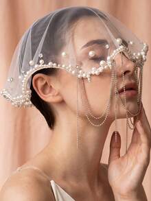Pearl Rhinestone Chain Tassel Bridal Veil, Western Style Bride Portrait Photography Veil Accessory - Multicolor - View 3