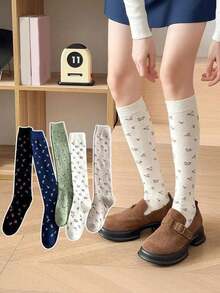 5 Pairs Women's Floral Knee-High Socks, Sweet Vintage Long Socks, Suitable For Matching With Dresses And Loafers, Spring/Autumn/Christmas Outfits - Multicolor - View 1