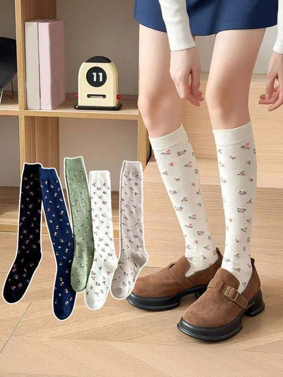 5 Pairs Women's Floral Knee-High Socks, Sweet Vintage Long Socks, Suitable For Matching With Dresses And Loafers, Spring/Autumn/Christmas Outfits - Multicolor - View 1