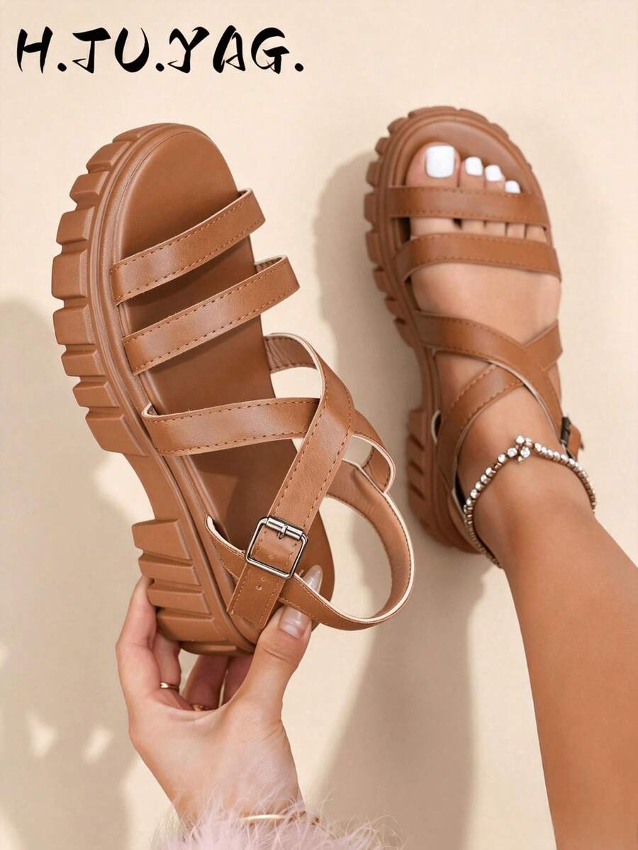 Women's Minimalist Fashion Roman Sandals, Vacation Use, Black And White Color Block Wedge Thick Sole Sandals, Suitable For Outdoor Walking And Beach, Plus Size