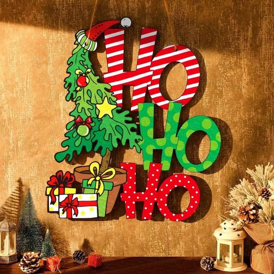 2D Flat 1pc Christmas Decoration HOHOHO Hanging Sign, Merry Christmas Wooden Door Sign, Christmas Tree & Gift Pattern Decor, Indoor/Outdoor/Wall/Tree Decoration - A - View 1