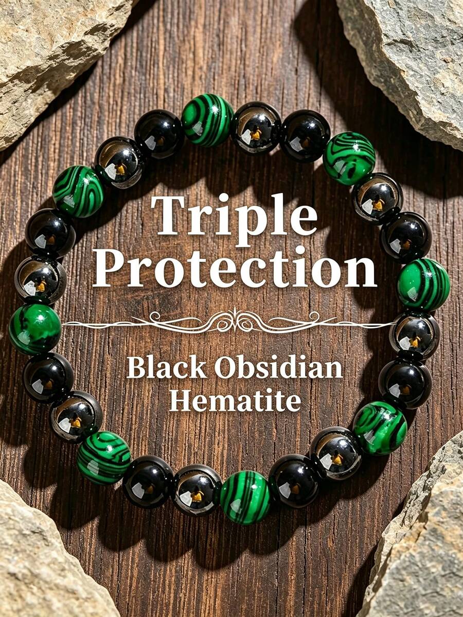 Men's Vintage Triple-Protection Bracelet With Malachite Hematite, Fashionable Jewelry Accessory Suitable For Daily Wear And Gifting,For All Seasons - Multicolor - View 1