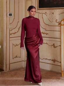 Vestido de fiesta formal de boda elegante de unicolor con volantes, cuello alto y mangas largas - Burdeos - Ver 2