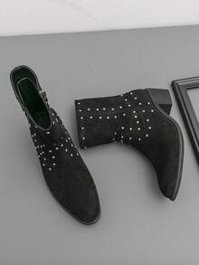 Men's Western Cowboy Boots, Round Toe, Black Suede-Like Fabric Upper, Rhinestone Decor, Side Zipper, Chunky Heel, Boots For Party, Daily Casual Wear - Black - View 1