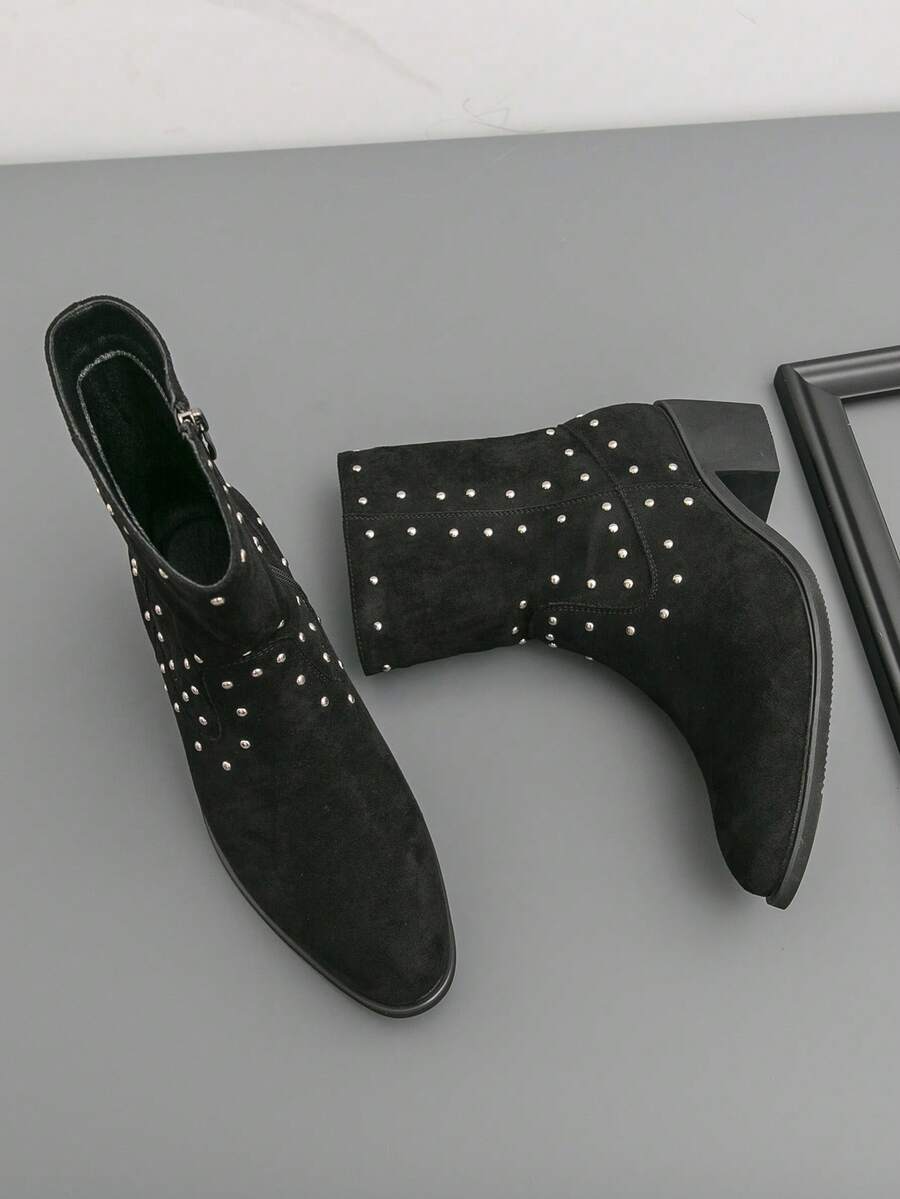 Men's Western Cowboy Boots, Round Toe, Black Suede-Like Fabric Upper, Rhinestone Decor, Side Zipper, Chunky Heel, Boots For Party, Daily Casual Wear - Black - View 1