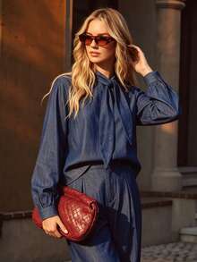 Fall Vintage Dark Blue Bow Tie Collar Long Sleeve Blouse, Elegant Women Commuter Shirt, Vintage Lantern Sleeve Loose Top For Fall - Blue - View 9
