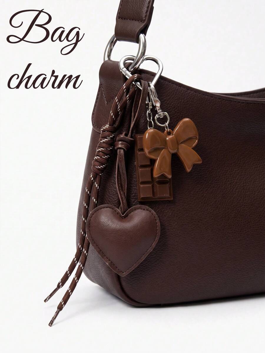 Cute Heart-Shaped Leather Keychain With Faux Chocolate And Bow Design, Braided Rope Bag Charm, Y2K Retro Style Key And Bag Accessory - Multicolor - View 1