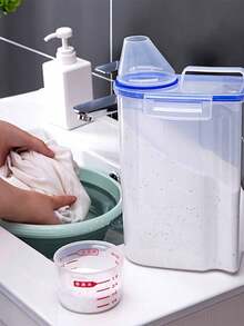 1 Sealed Laundry Detergent Container With Measuring Cup - Multi-Purpose Plastic Jar, Large Capacity Soap Plastic Bucket For Laundry Liquid, For Laundry Detergent Powder Storage And Leak-Proof Dispensing - White - View 3
