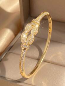 2Pcs Luxury Interwoven Knot Zirconia Gold Bangle Ring Set, Sparkling Full Pave CZ Bracelet & Ring, Wedding Banquet Evening Party Fashion Jewelry - Multicolor - View 8