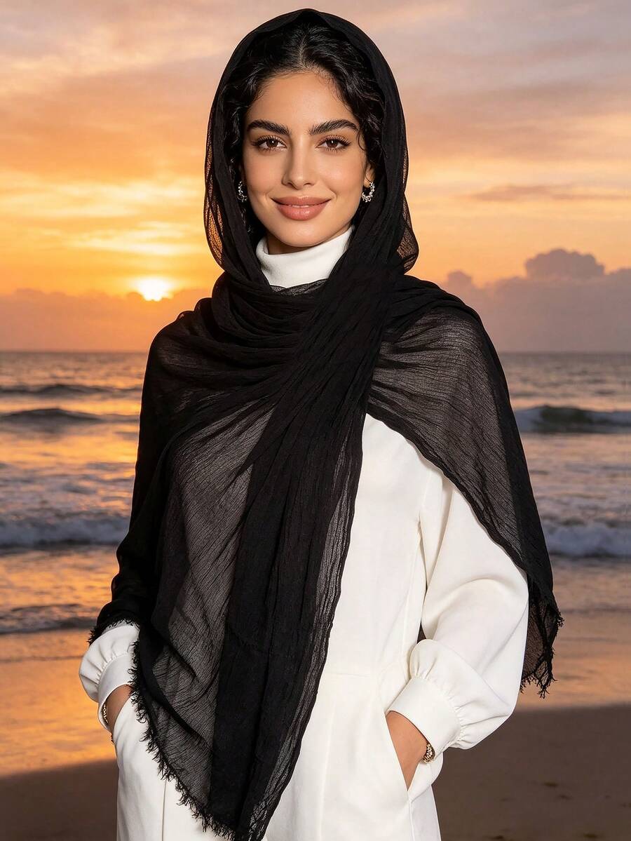 1pc Dirty Wash Arabic Hijab Thin Solid Color Lightweight Casual Long Scarf Suitable For Daily Use Riffeled Hijab - Black - View 1