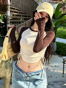Atmospheric Contrast Color Raglan Long Sleeve Slim Fit Base Layer T-Shirt For Women, Drawstring Waist, Korean Pure Desire Style Beige & Brown Colorblock, Curved Short Length, Side Adjustable Ruched Tie, Round Neck Knit Top - Apricot - View 6
