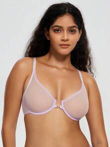Deyllo Women's Front-Closure Deep V Bra, Sheer Unpadded Underwire, Lightweight Breathable Racerback, Suitable For Elegant Everyday Wear - Dusty Purple - View 2