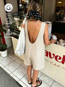 Women's Summer Sleeveless Loose Cotton Linen Jumpshorts, Pale Yellow Casual Street Style Daily Travel Short - Pale Yellow - View 4