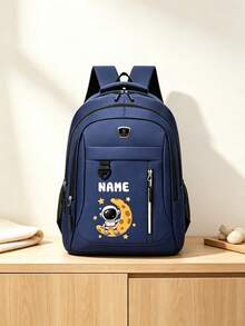 1pc Personalized Customized Large Capacity Backpack With Fashion Casual Astronaut And Moon Theme Print, Zipper Closure Nylon Material, Adjustable Shoulder Straps, Hand-Carry, Suitable For School, Commute, Shopping, Daily Use. Birthday Gift. - Vertical Zipper Style - Multicolor - View 6