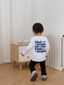 Infant Boy Vintage Face & Text Print Long Sleeve Top, Kind People Slogan Crew Neck T-Shirt, Soft Daily Autumn Outfit For Newborn Baby Boy - White - View 3