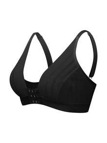 1pc Front Closure Mesh Patchwork Striped Lace Wireless Thin Cup Bra Without Padding, Easy To Wear - Black - View 3