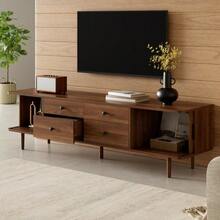 TV Lowboard 165 Cm, MDF TV Cabinet With 4 Drawers And 2 Sliding Doors, Large Storage Space, Rounded Corners - Walnut + MDF - View 4