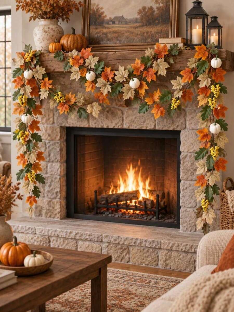 Autumn Maple Leaf & Pumpkin Dual-Color Artificial Vine Wreath (2pcs Set), Orange & Yellow Maple Leaves And Pumpkins Intertwined, Recapturing Deep Autumn Charm, Suitable For Thanksgiving, Halloween, Autumn Party And More Occasions - Multicolor - View 1