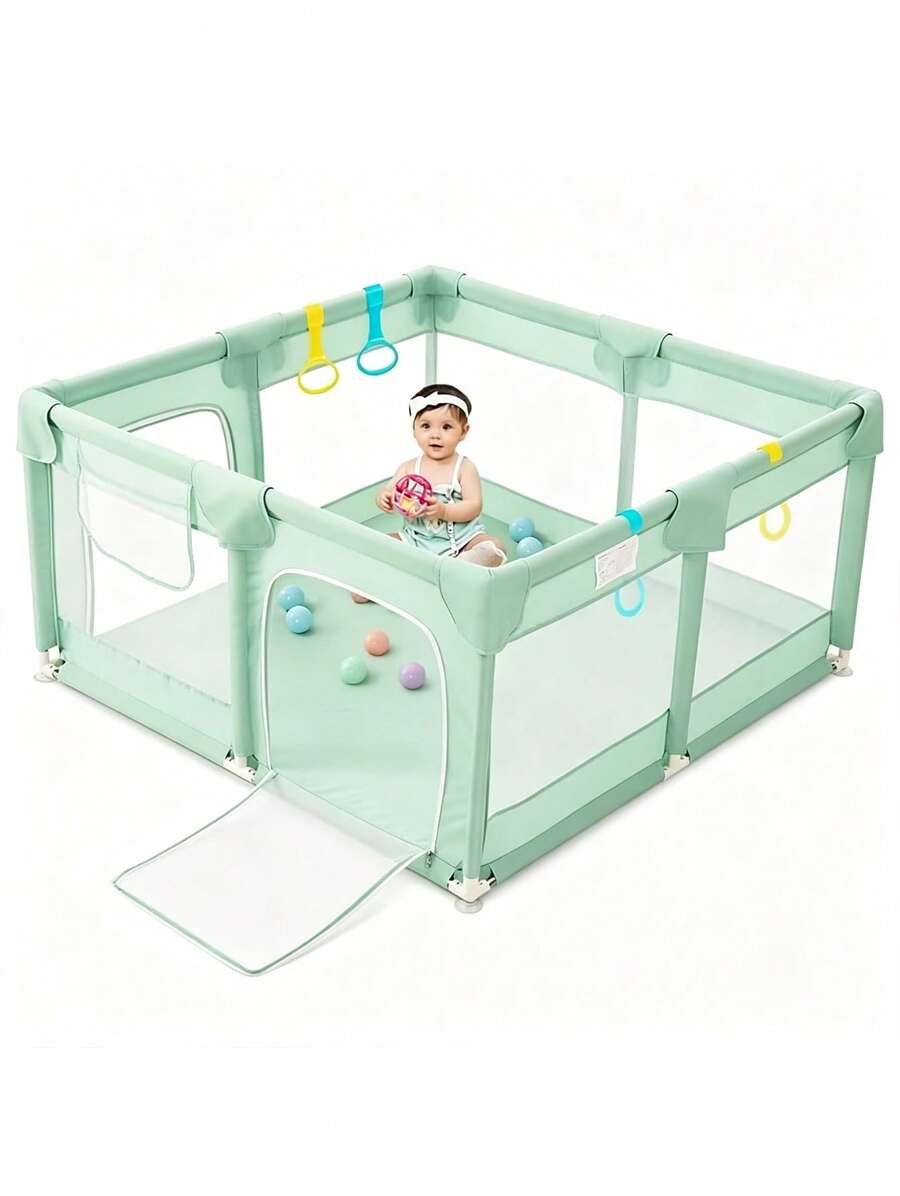 Corral para bebé 120x120 cm, centro de actividades para niños, parque infantil con malla suave y transpirable, uso interior y exterior, estructura resistente - Verde - Ver 1