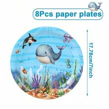 Ocean Animal Theme Party Disposable Paper Tableware Set, Ocean Pattern 8pcs 7-Inch & 9-Inch Birthday Disposable Plates, Whale Pattern 8pcs Paper Cups, Underwater Baptism Whale Style 16pcs Napkins, Suitable For Underwater Theme Party, Birthday, Holiday, Family Gathering & Party Decoration Supplies Set, Christmas - Blue - View 6