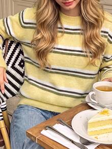 Sweater Rajut Lengan Panjang Leher Bulat Motif Garis-garis Kuning Multiwarna untuk Wanita Musim Panas dan Gugur, Model Pullover Kasual Dasar - Kuning - View 6